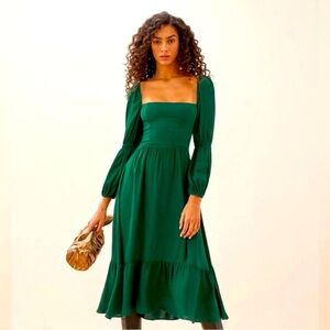 Reformation Mica Long Puff Sleeve Dark Green MIDI Dress New without Tags Size 8